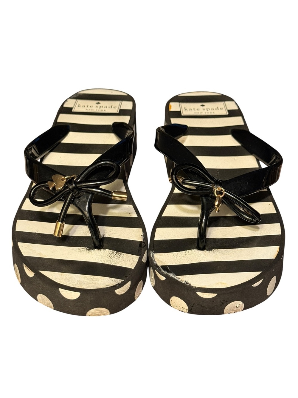 Kate Spade New York Wedge Thong Sandals Black White Striped with Spade Charms - Picture 2 of 8
